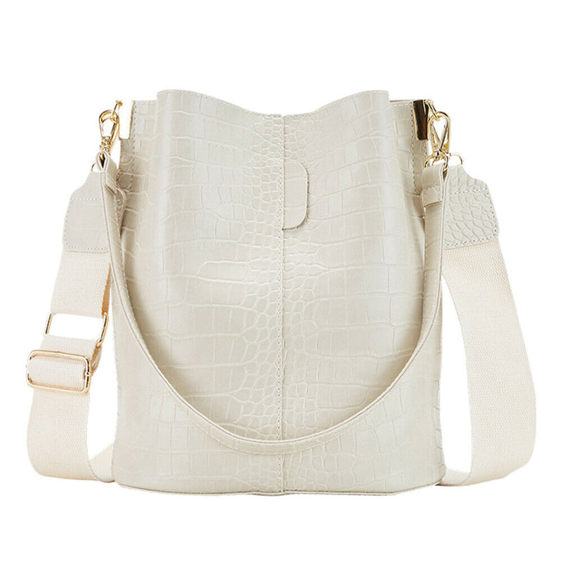 Retro Crocodile Leather Women Shoulder Bag Messenger Bucket Handbag (White) A