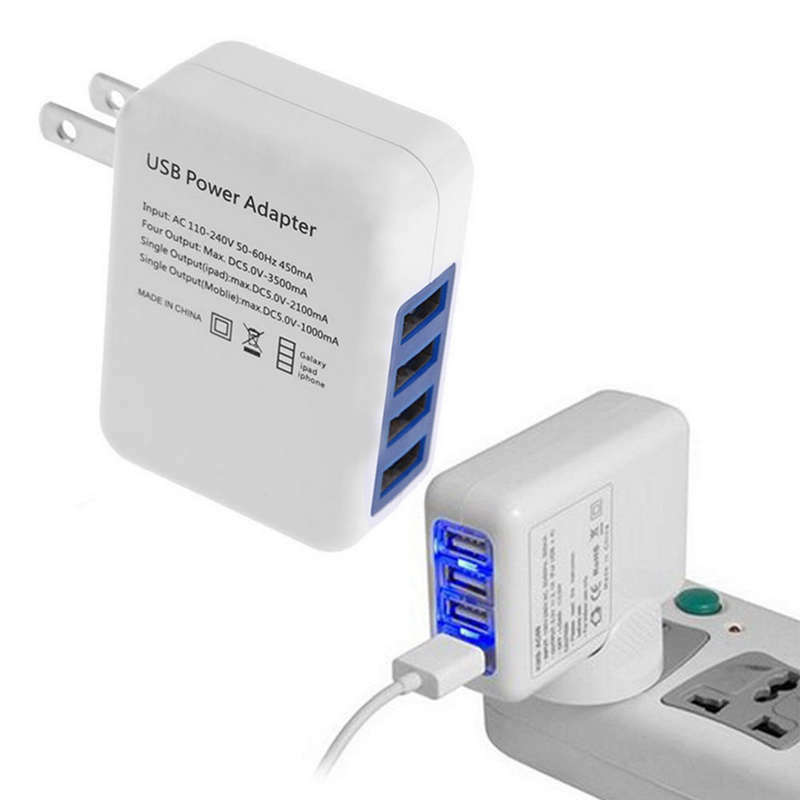 White Plastic 2.1A 4 Ports Usb Portable Home Travel Wall Charger Ac Power A Y8P8
