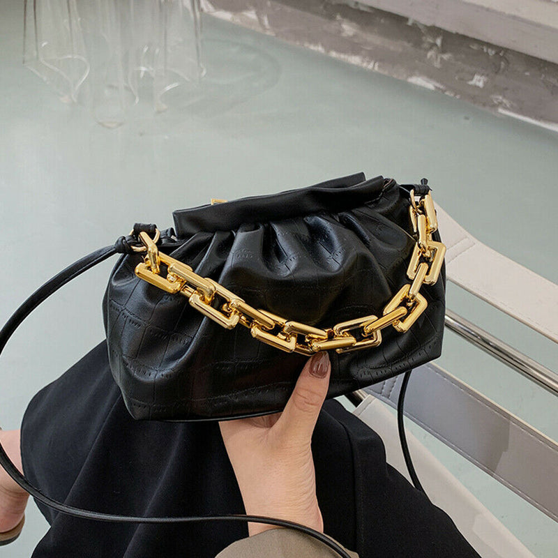 Women Pleated Handbag Stone Pattern PU Chain Shoulder Crossbody Bag (Black)