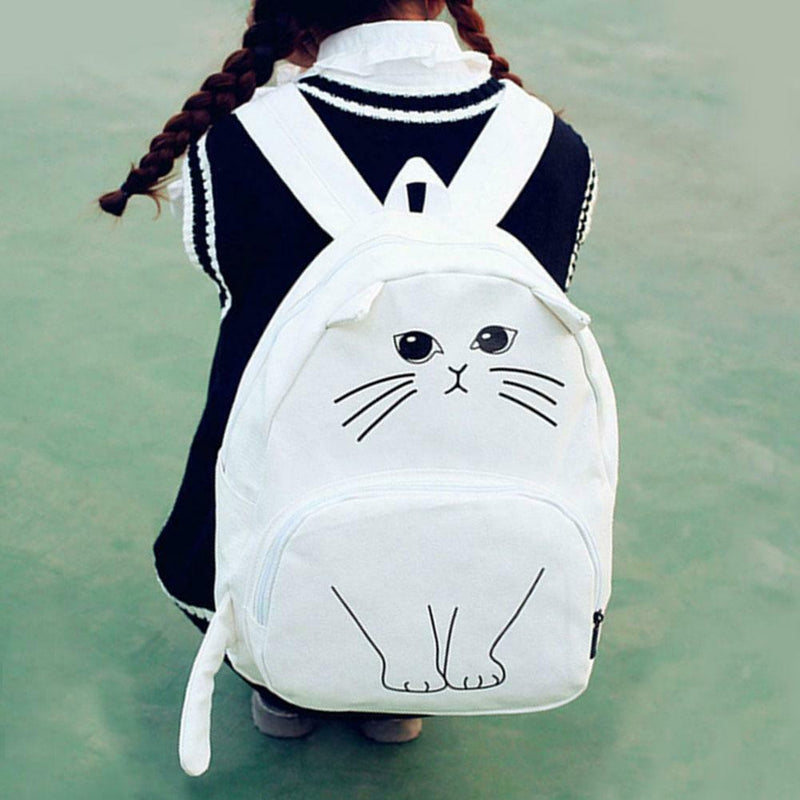 Women Canvas Lovely Cute Cartoon Cat Backpack Students School Bag(White)