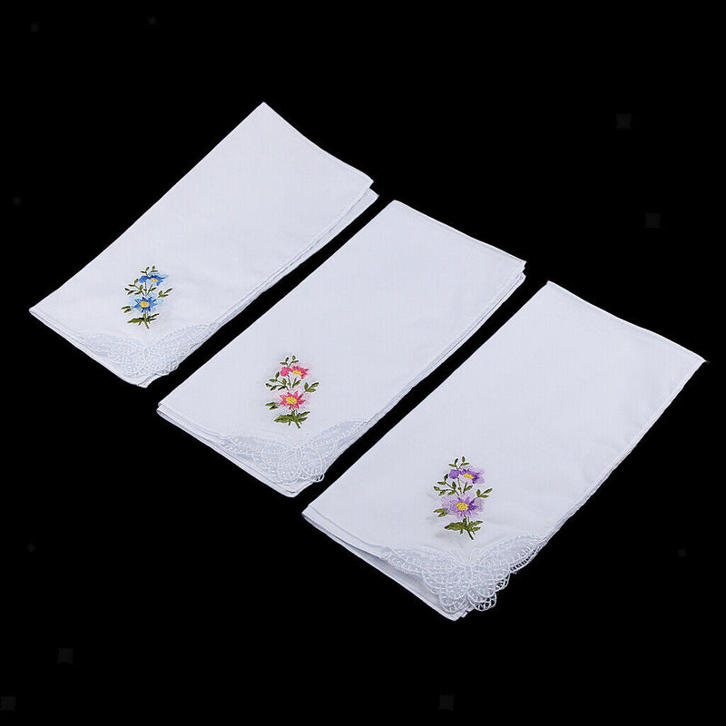 12pack Women 100% Cotton Handkerchief Embroidery Lace Hanky Kerchiefs White