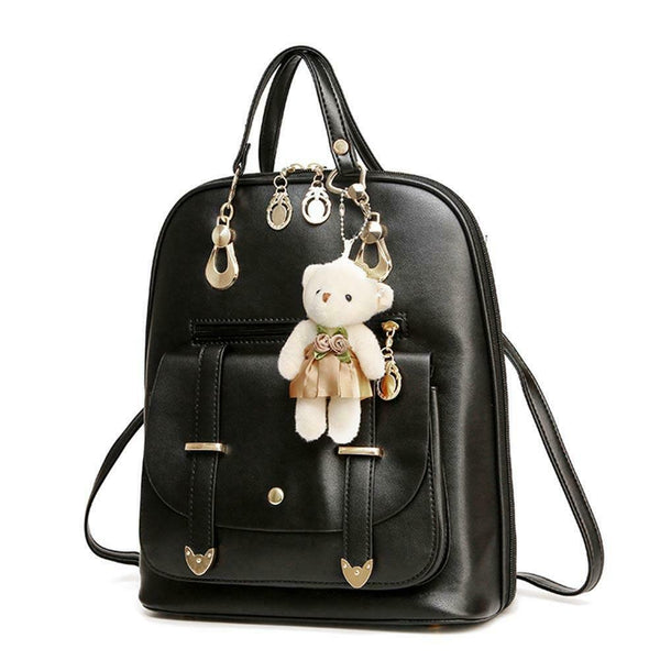 Women Student Preppy Style Cute Bear Pendant Bookbag Backpack(Black)