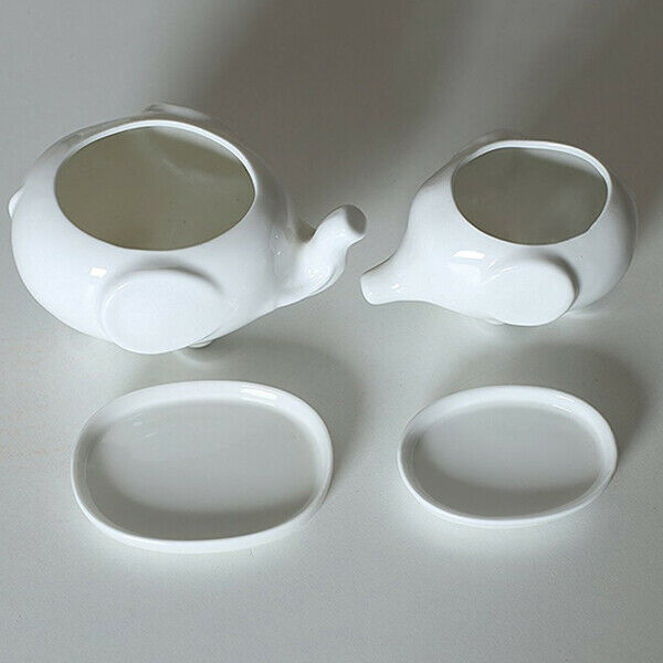 Set of 2 Cute Elephant White Ceramic Flower Pot with Tray for Succulents Ca S8K5