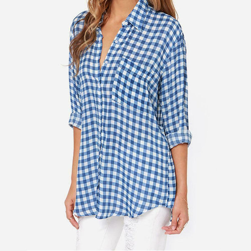Cotton Plaid Long Sleeve T-shirt Lapel Single-breasted Women Blouse (M)