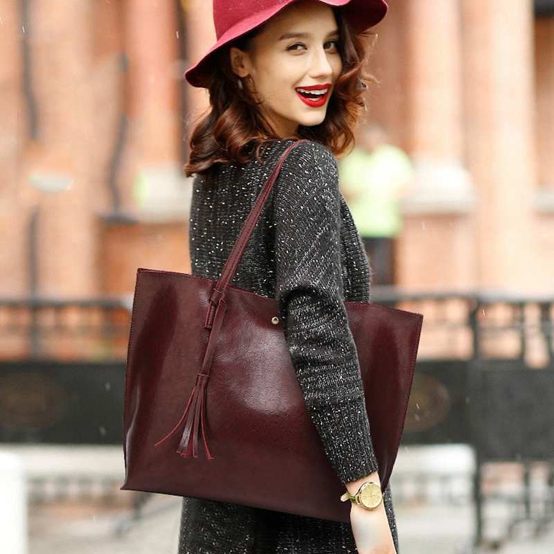 Women'S Soft Leather Tote Shoulder Bag From Tassel Handbag(Red Wine) F3T3