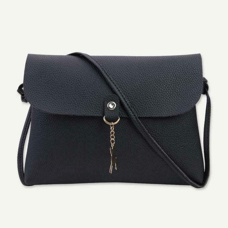 Simple Pure Color Deer Pendant Shoulder Handbag Women Crossbody Bag (Black)