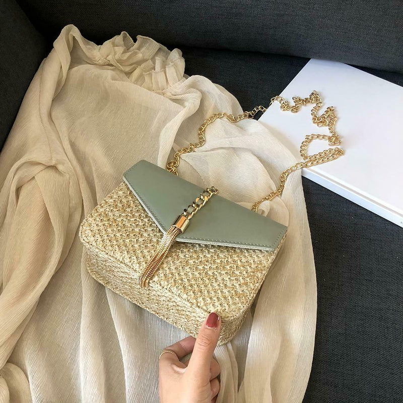 Straw Leather Women Messenger Bag Small Flap Purse Shoulder Handbag (Green)