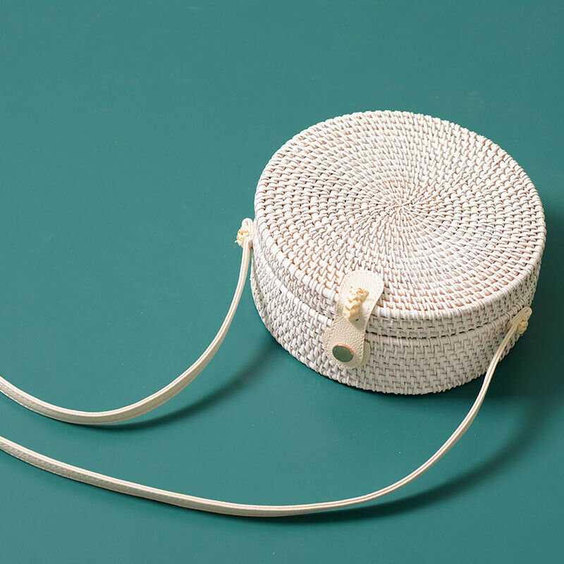 New White Round Rattan Bags For Women Boho Beach Crossbody Bag Straw Handma P2E3