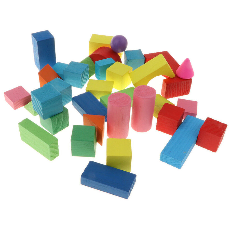 Wooden Building Blocks Set - 34Pcs Blocks in 8 Colors and 9 Shapes
