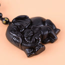 Natural Black Obsidian Handmade Carved Elephant Pendant & Beads Necklace New