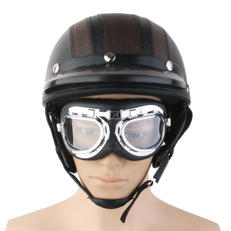 Motorcycle Motorbike Open Face Helmet Visor with Goggles - Brown