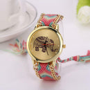 Women Ladies Elephant Pattern Weaved Rope Band Quartz Dial Bracelet Wrist Watch