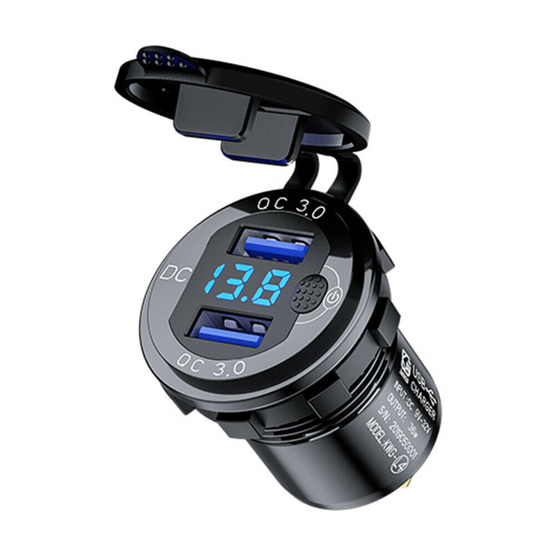 L4 Car Dual USB Charger QC3.0 USB Power Outlet w/ Voltmeter+ Switch (Black) A