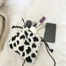 Women Plush Crossbody Bag Cow Milk Print Shoulder Drawstring Mini Handbags