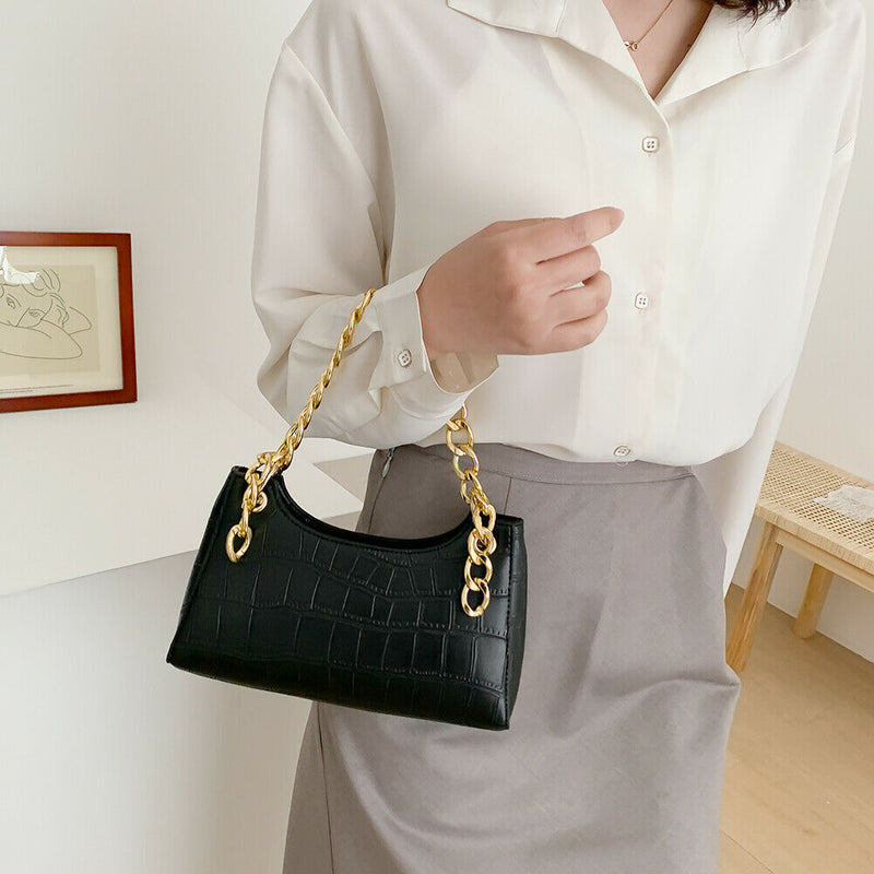 Women Stone Leather Shoulder Bags Elegant Chain Messenger Handbags (Black)
