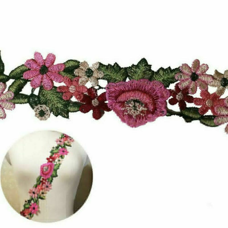1 Yard Boho Flower Leaves Lace Trim Ribbon Applique Embroidered Sewing Craft DIY