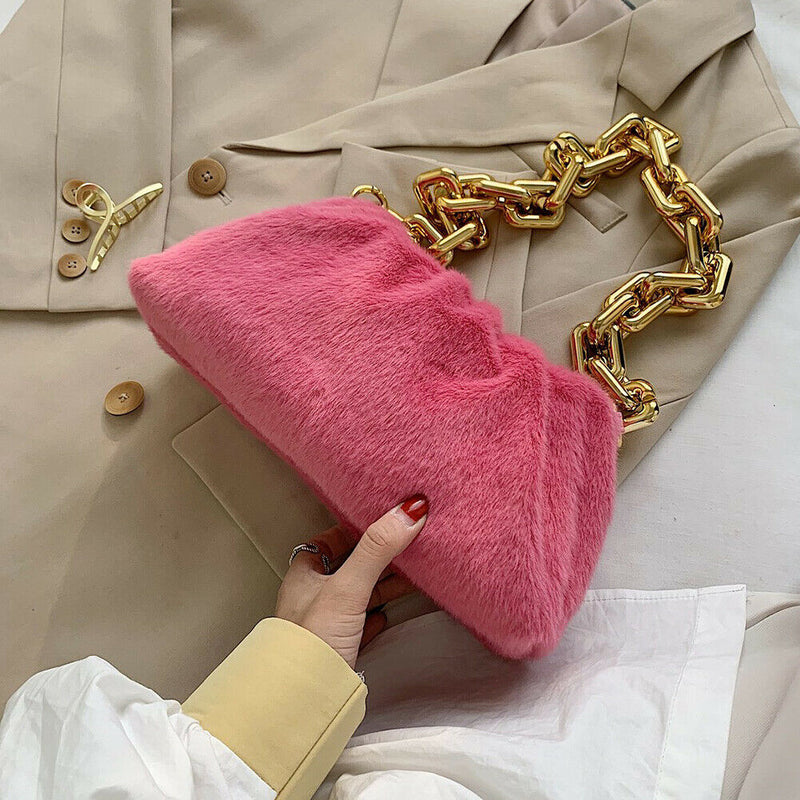 Women Cloud Handbags Plush Soft Thick Chain Shoulder Underarm Bags (Pink)