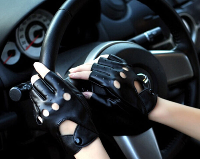 Lady PU Leather Mittens Fingerless Fad Punk Motorcycle Gloves Black B Cy