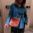 Leather Messenger Bag Women Rivet Chain Shoulder Crossbody Bag (Dark Brown) A