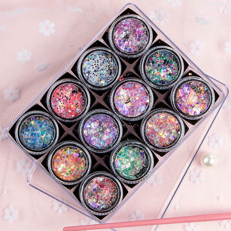 12 Colors Glitter Sequins Powder Nail Art Face Body Eye Shadow Craft Makeup Set