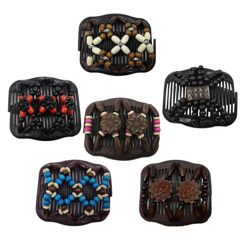 6Pcs  Wood Beads Double Hair Comb Clip Stretchy Hair Combs Ladies Party