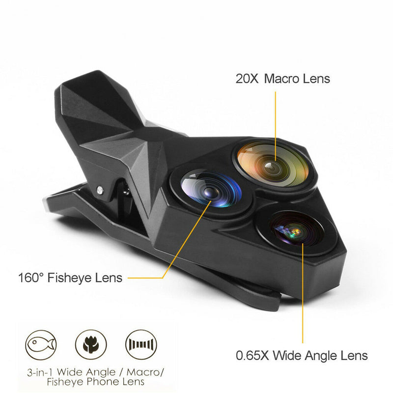 3 in 1 Phone Camera Lens Kit 160 Fisheye , 0.65X Wide Angle , 20X Macro Lens