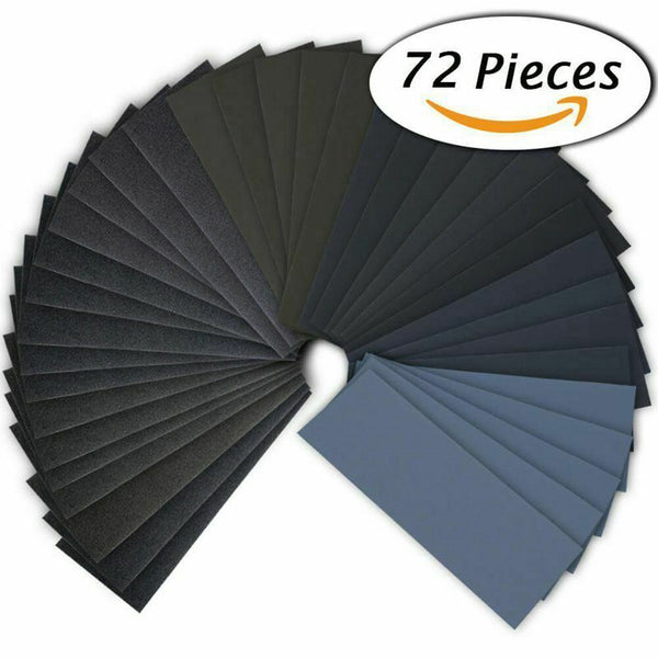 72Pcs 400 to 3000 Grit Wet Dry Sandpaper Assortment 9 x 3.6 Inches for Auto J7J7