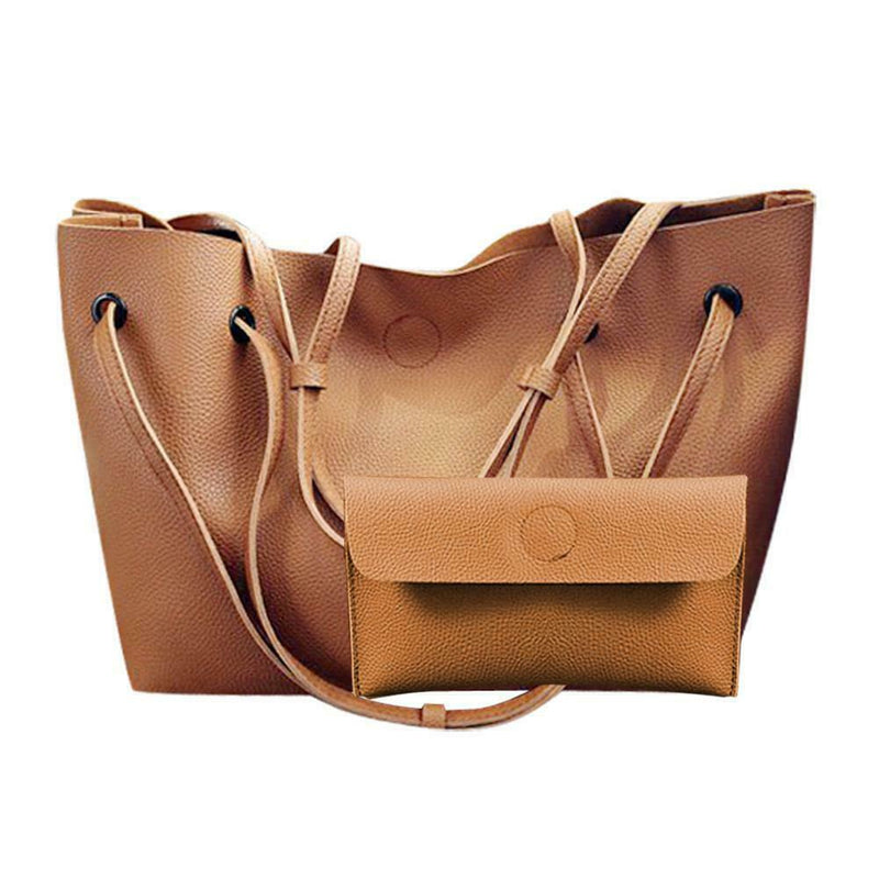 2pcs/set Women Litchi Pattern Handbags Solid Color Clutch (Light Brown)