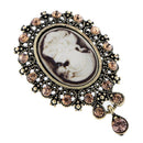 Oval Pattern Hollow Alloy Brown Rhinestone Palace Women Portrait Brooch Pin