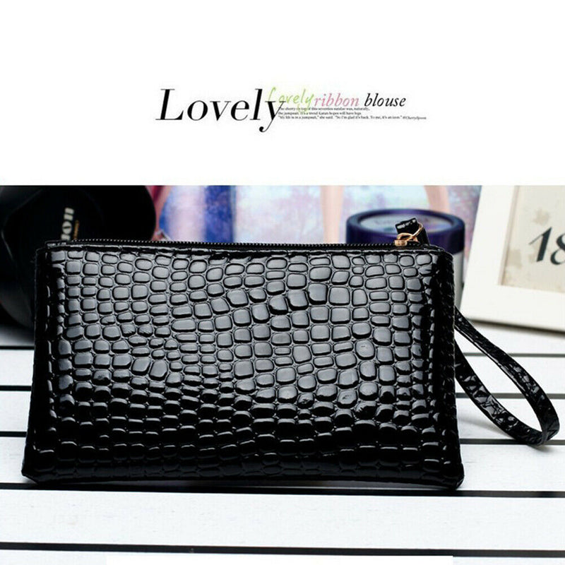 Retro Crocodile Leather Women Clutch Bag Zipper Purse Solid Handbag (Black)