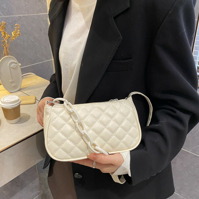 Fashion Lattice Pattern Women Handbag Chain Shoulder Underarm Bag (White)