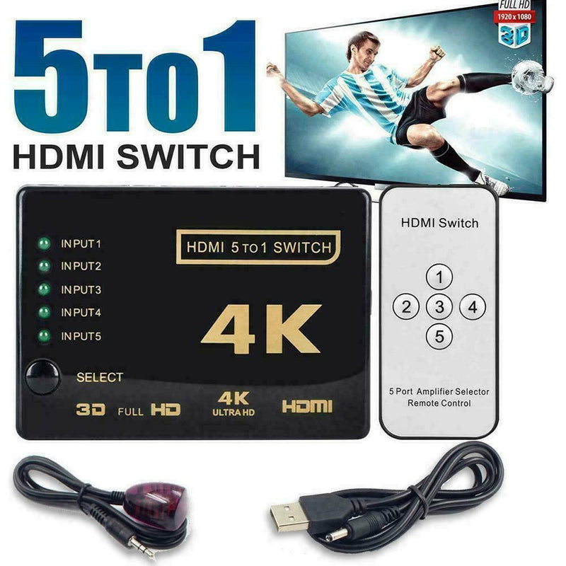5 Ports HDMI 4K Switcher Selector Splitter Hub iR Remote For HDTV 3840p New