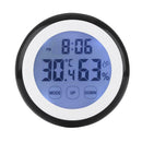 Indoor Black Round Touch Screen Digital Alarm Clock Thermometer Hygrometer