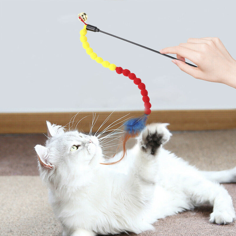 Cat Teasing Stick Colorful Pompom Feather Wand Fun Pet Teaser Rod Toys (02) A