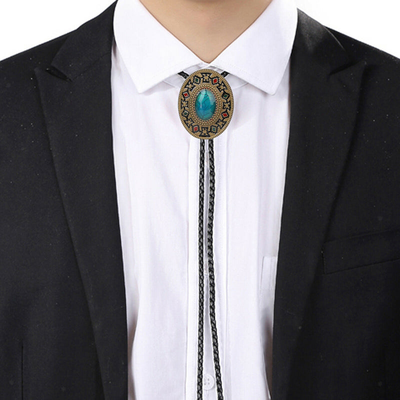 Men Bolo Tie Necklace Turquoise Stone Western Cowboy PU Leather Rope Necktie
