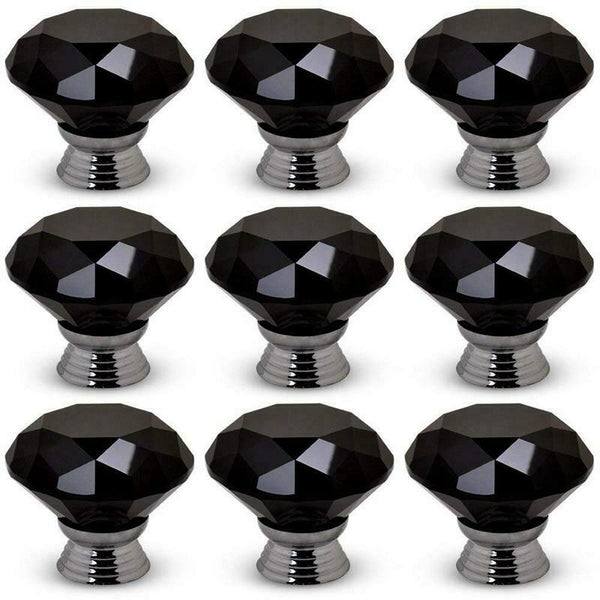 8 X 40mm Diamond Black Crystal Glass Door Cupboard Knobs Pull Handle Drawer L6K4