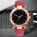 Women PU Leather Quartz Luxury Starry Sky Crystal Dial Watches (Rose Red) A