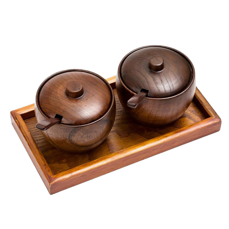 Wood Seasoning Pot Seasoning Bottles with Spoon and Storage Tray Kitchen