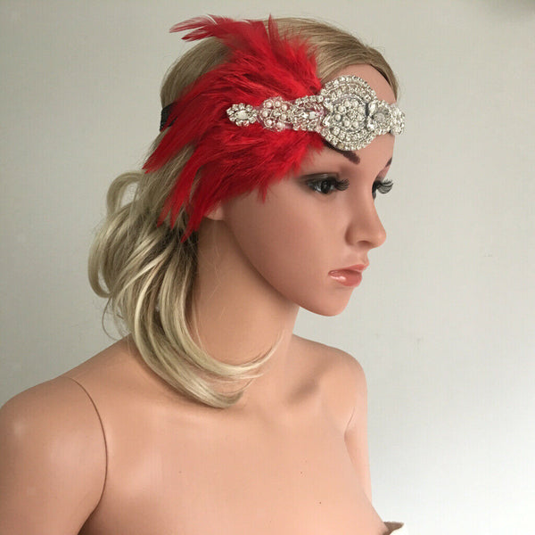 Woman Feather Fascinator Headband 1920s  Rhinestone Forehead Headdress