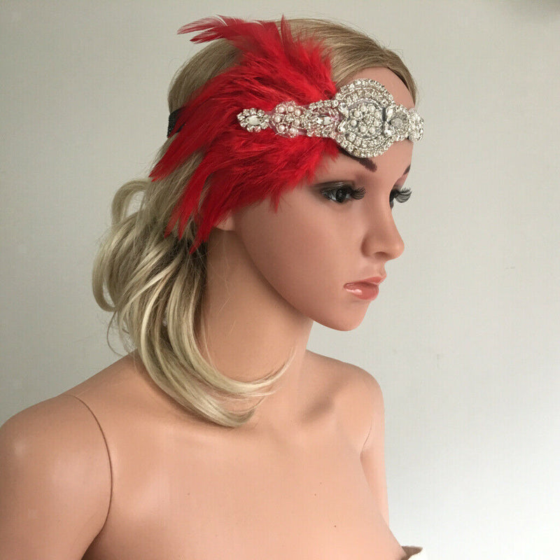 Woman Feather Fascinator Headband 1920s  Rhinestone Forehead Headdress