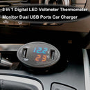 3 in 1 LED Digital Car 12V Dual USB Port Charger LED Thermometer Voltmeter