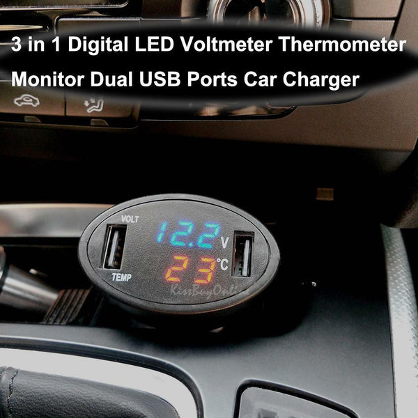 3 in 1 LED Digital Car 12V Dual USB Port Charger LED Thermometer Voltmeter