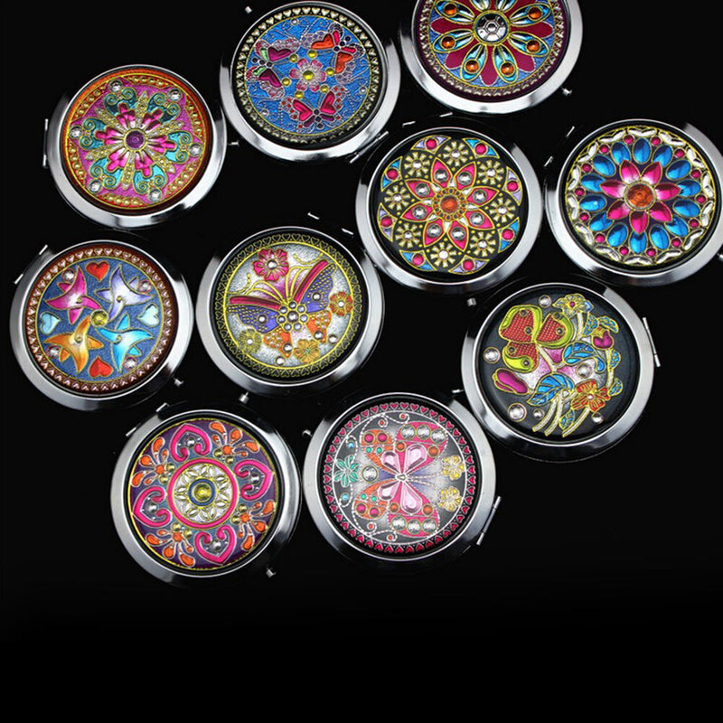 Crystal Folding Round Pocket Compact Makeup Cosmetic Mirror Portable Useful FT