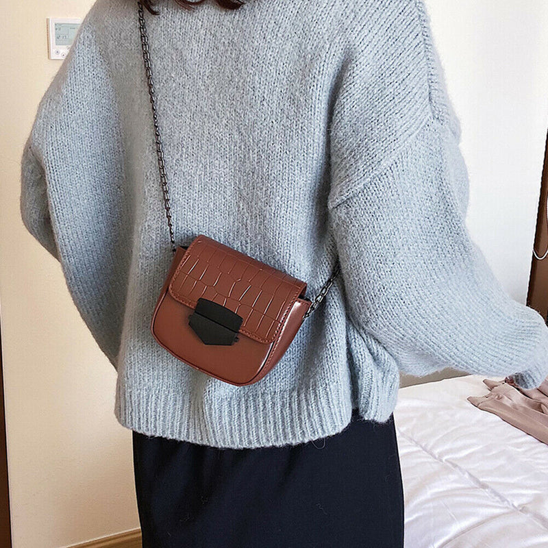 Casual Crocodile Leather Crossbody Bag Women Chain Shoulder Handbag (Brown)