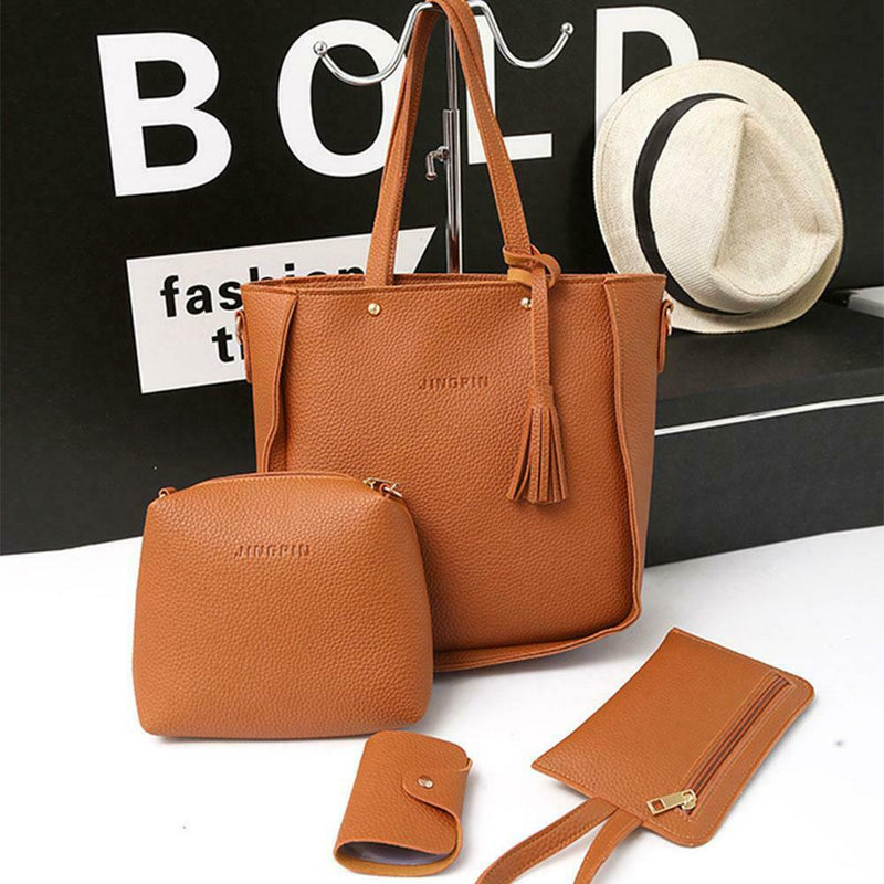 4pcs/set Litchi Leather Tassel Women Tote Shoulder Handbag Card Bags (Brown
