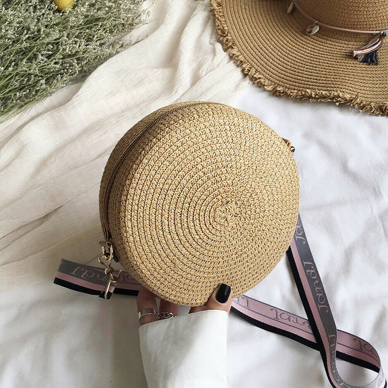 Handmade Straw Weave Round Women Small Beach Shoulder Bags (Dark Khaki)