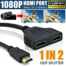 1In2 1080P HDMI Port Male To 2 Female Out Splitters Cable Adapter Converter Home
