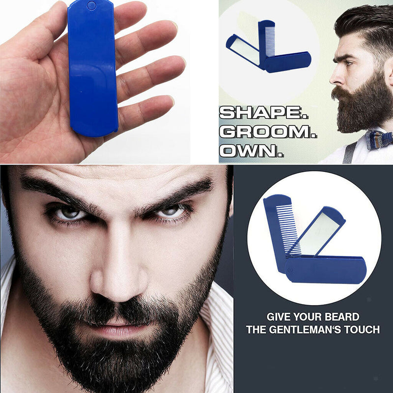 Portable Travel Folding Pocket Beard Comb w/Makeup Mirror for Men's Shaving