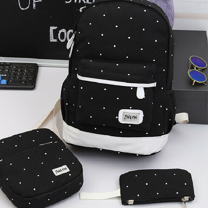 3pcs Set Women Canvas Backpack Big Student Book Bag with Purse Laptop Bag H V7Z1