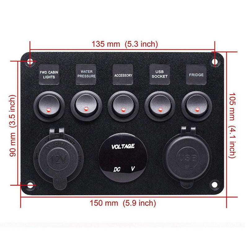 Green LED Dual USB Port Charger Voltmeter 5 Gang Toggle Switch Panel Black